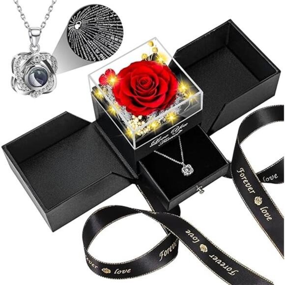 Preserved Red Real Rose with Heart I Love You Necklace -Eternal Flowers Rose - Picture 7 of 7